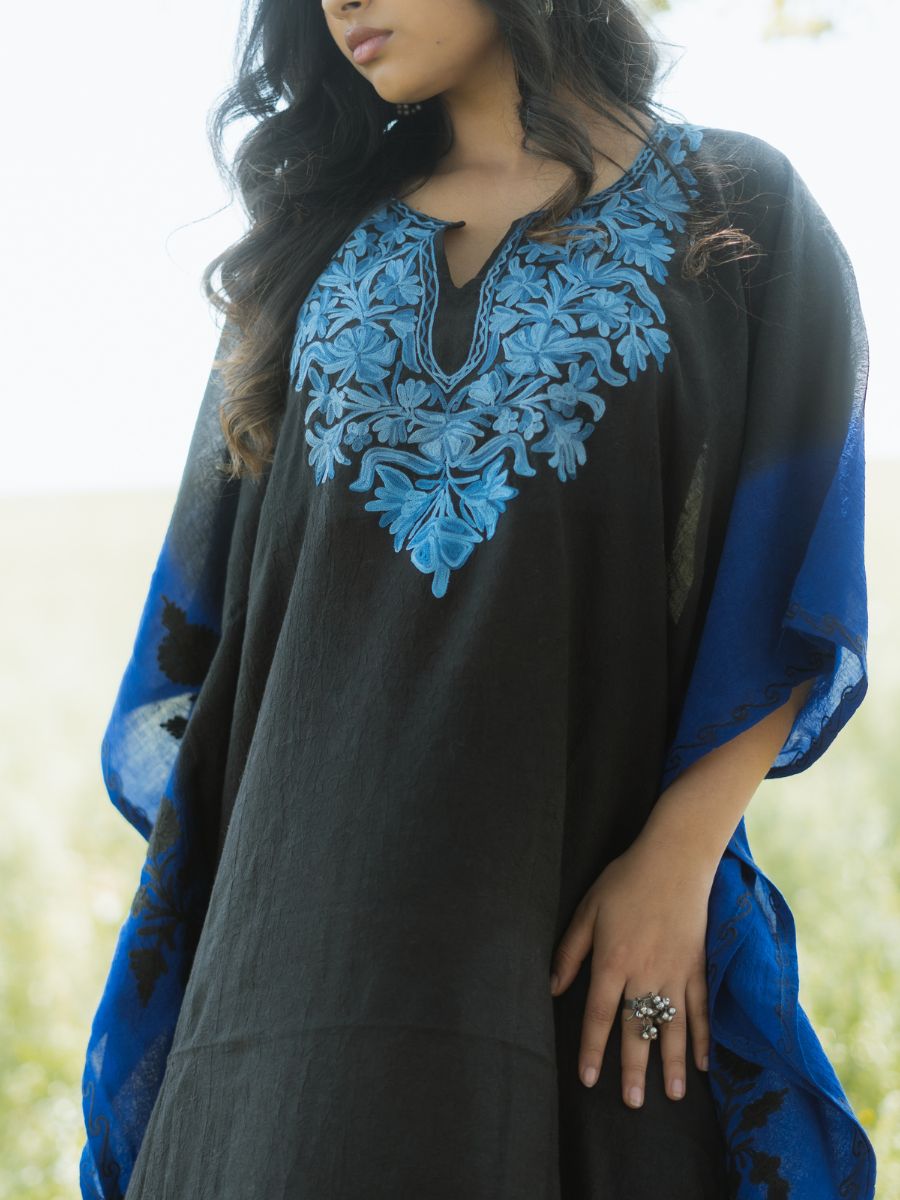 Midnight Sky Cotton Kaftan with Sapphire Blue Aari Embroidery - KaarKash